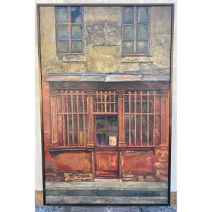 Oil On Canvas, Bistro Facade, Parisian Café Around 1950