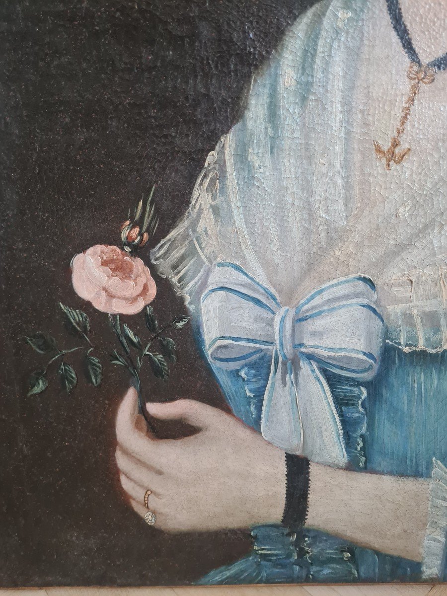 Huile sur toile XVIII Jeune femme à la colombe du St Esprit-photo-2
