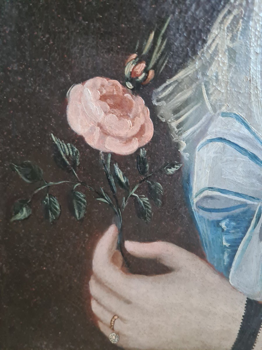 Huile sur toile XVIII Jeune femme à la colombe du St Esprit-photo-3