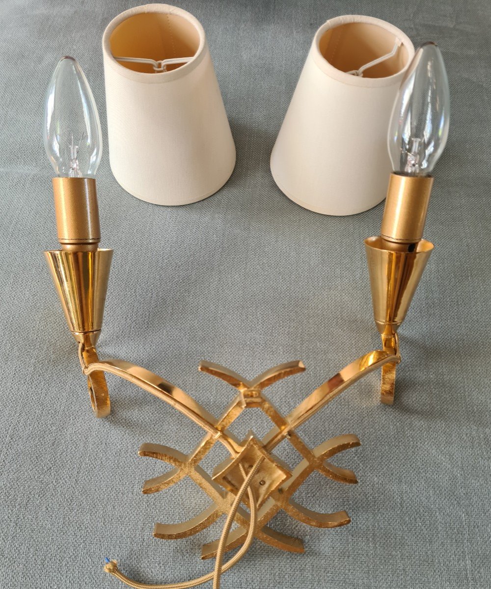 Pair Of Golden Brass Sconces 1940's In The Taste Of Leleu-photo-2