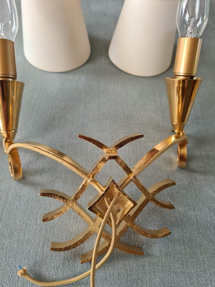Pair Of Golden Brass Sconces 1940's In The Taste Of Leleu-photo-3