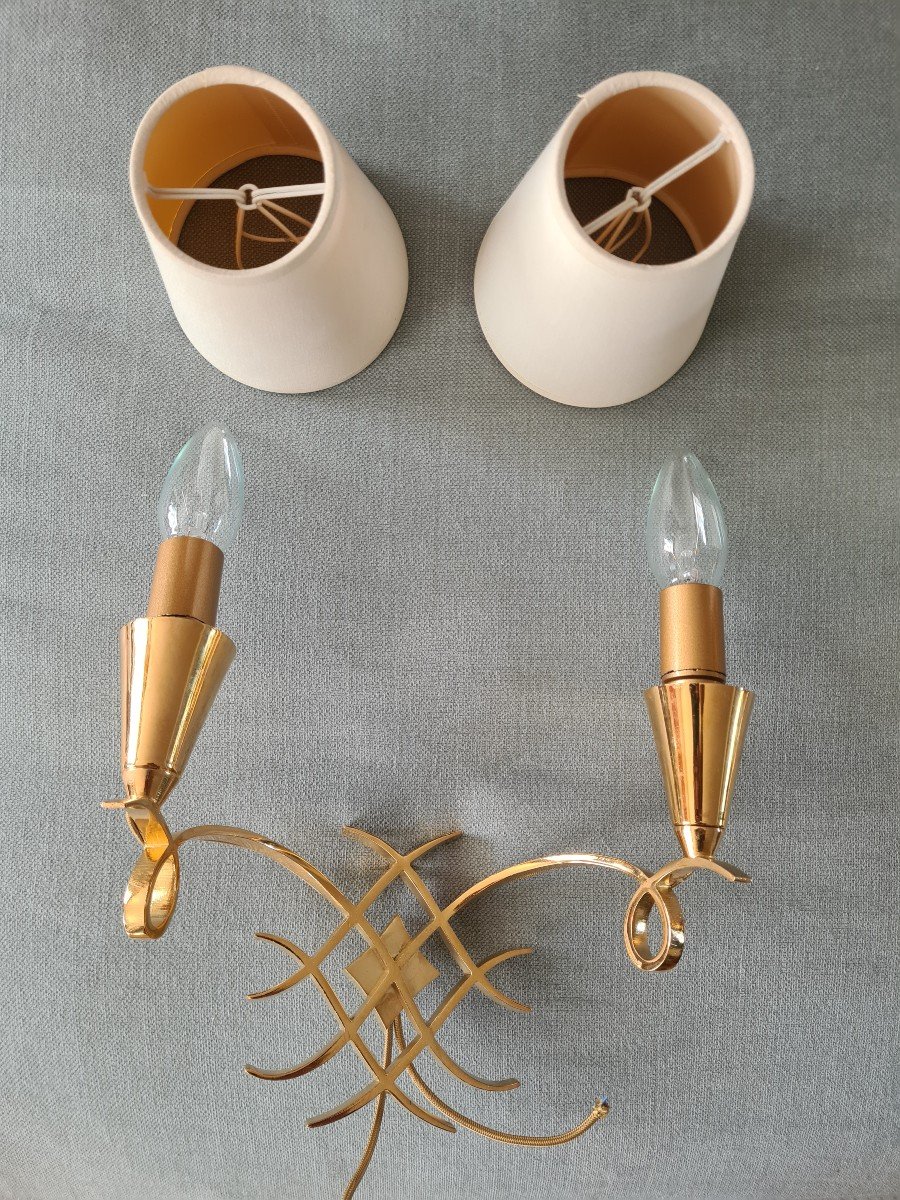 Pair Of Golden Brass Sconces 1940's In The Taste Of Leleu-photo-4