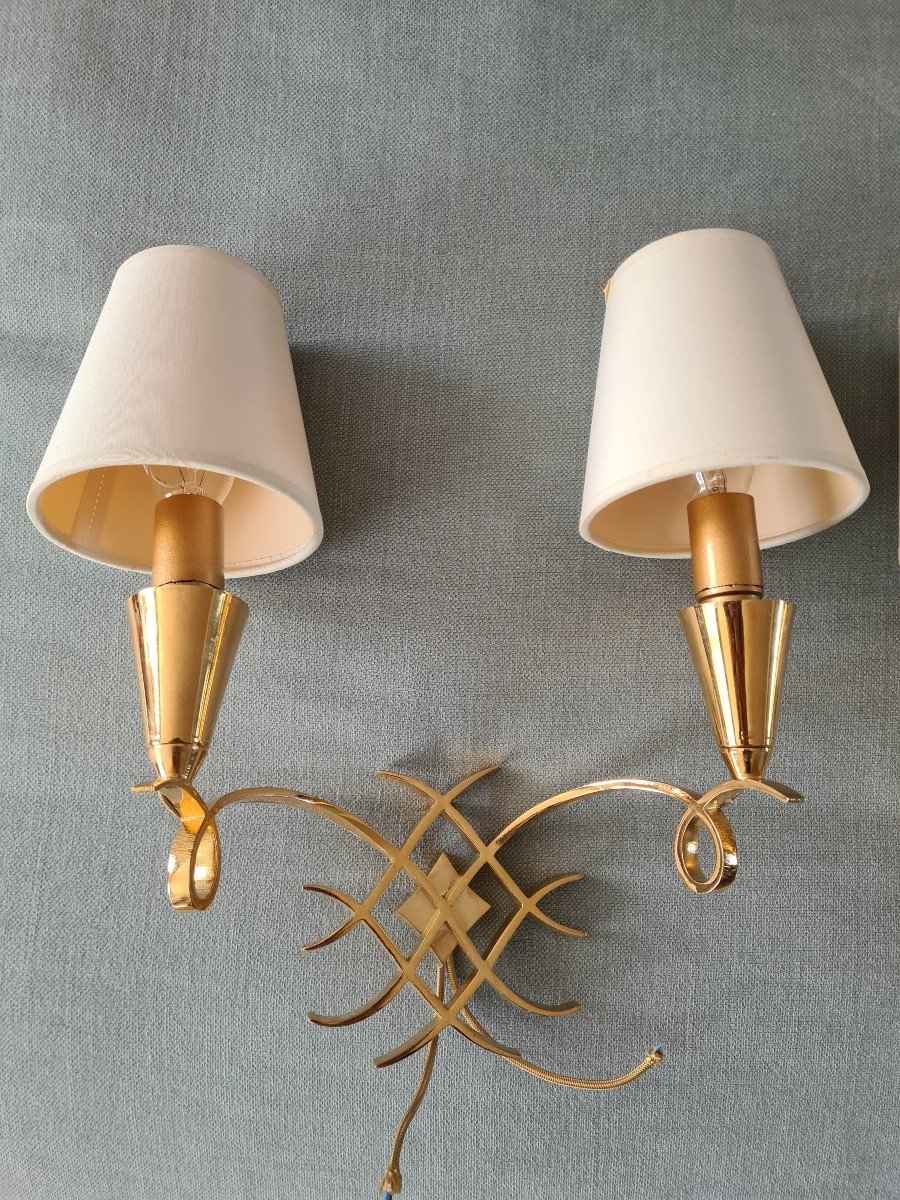 Pair Of Golden Brass Sconces 1940's In The Taste Of Leleu-photo-1