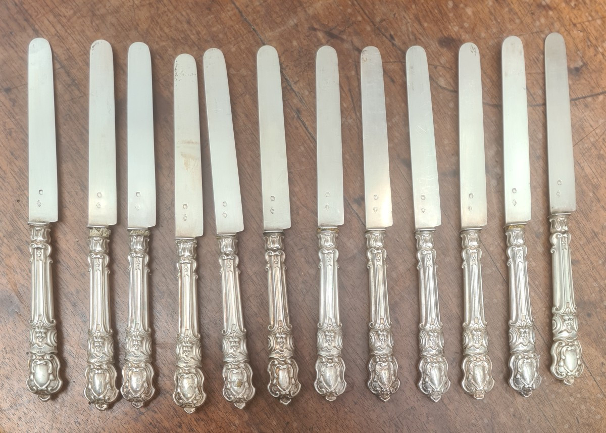 12 Couteaux dessert Argent Massif Fin XIX Eme-photo-2