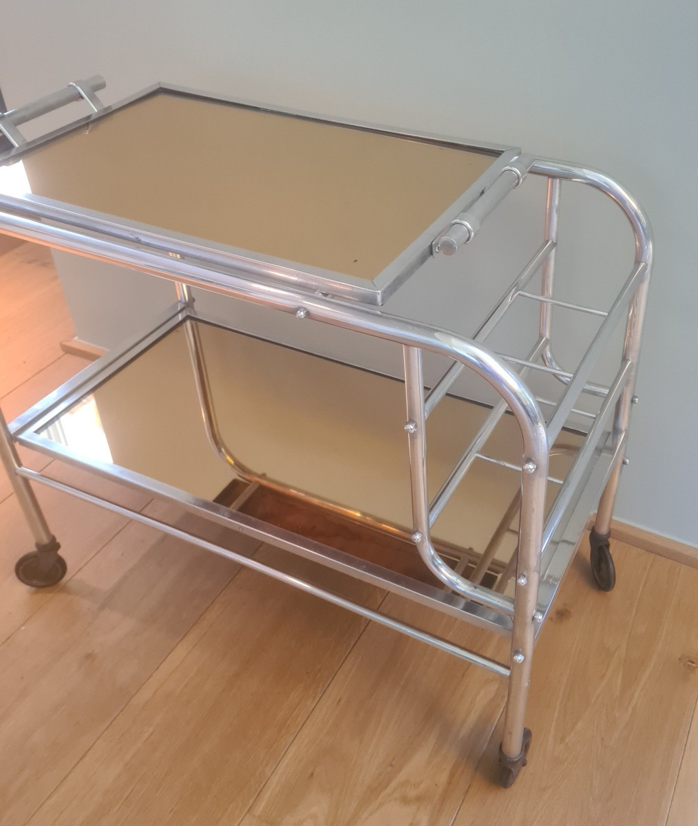 Double-shelf Aluminum Tube Serving Trolley From The 1930s -photo-2