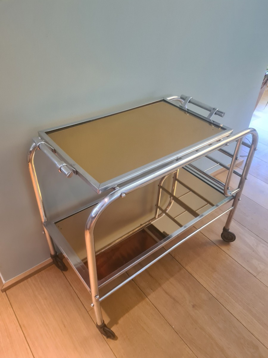 Double-shelf Aluminum Tube Serving Trolley From The 1930s -photo-3