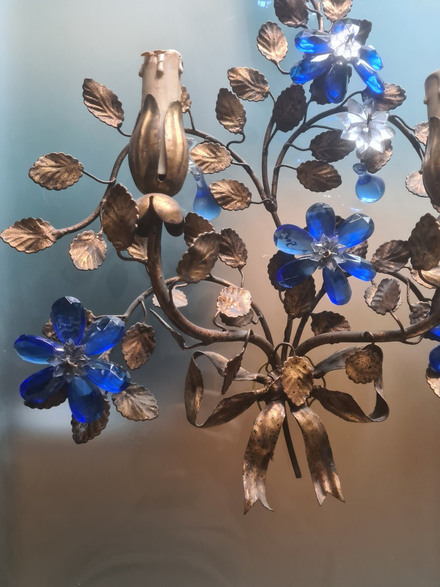 Pair Of Banci Wall Lights, 1970s, Brass With Blue Tassels-photo-2