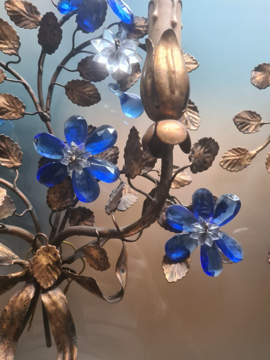 Pair Of Banci Wall Lights, 1970s, Brass With Blue Tassels-photo-3