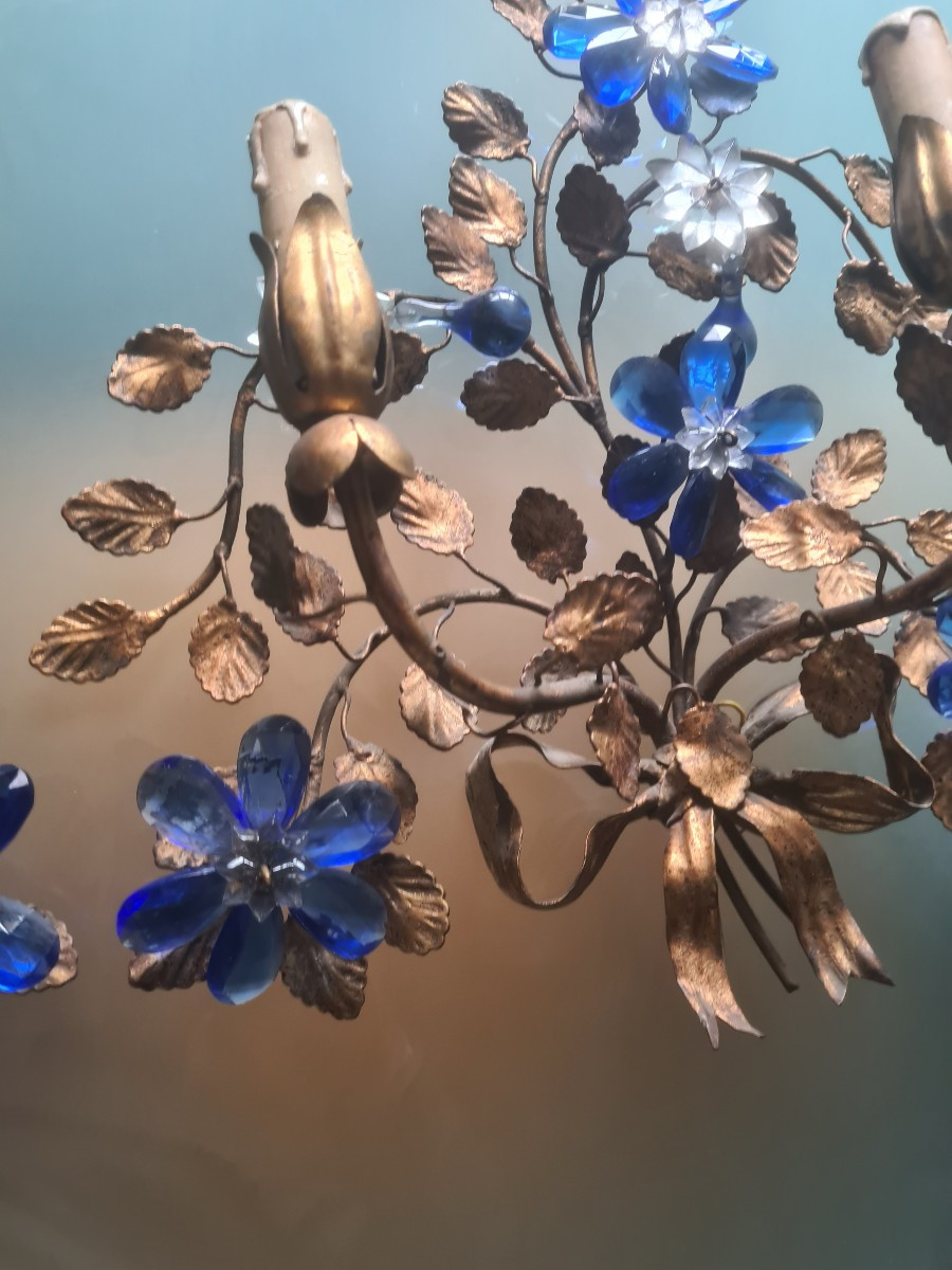 Pair Of Banci Wall Lights, 1970s, Brass With Blue Tassels-photo-4