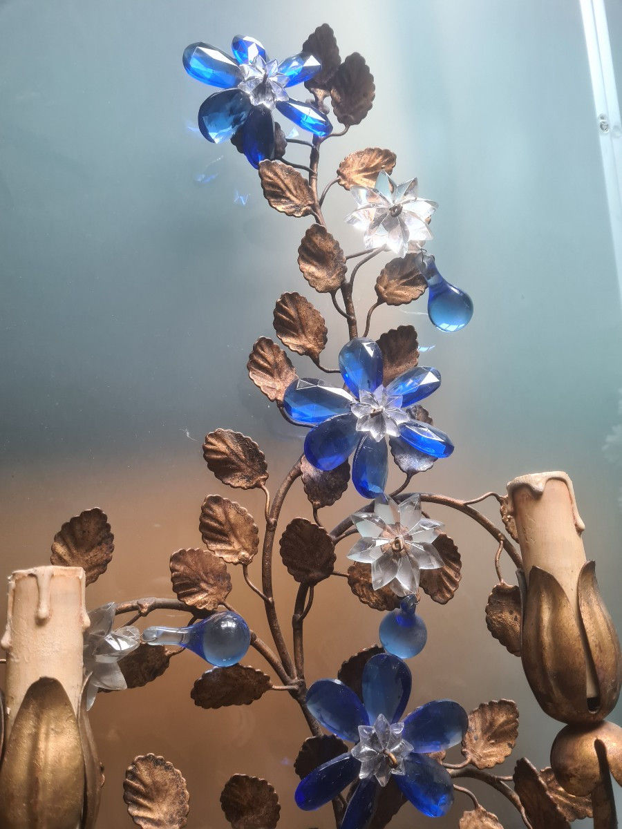 Pair Of Banci Wall Lights, 1970s, Brass With Blue Tassels-photo-1