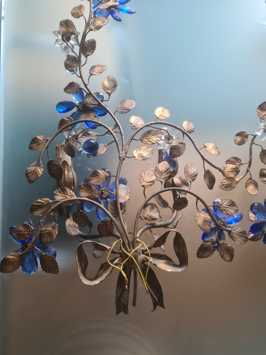 Pair Of Banci Wall Lights, 1970s, Brass With Blue Tassels-photo-2