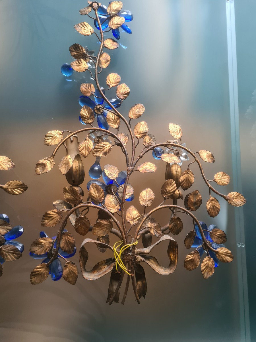 Pair Of Banci Wall Lights, 1970s, Brass With Blue Tassels-photo-3