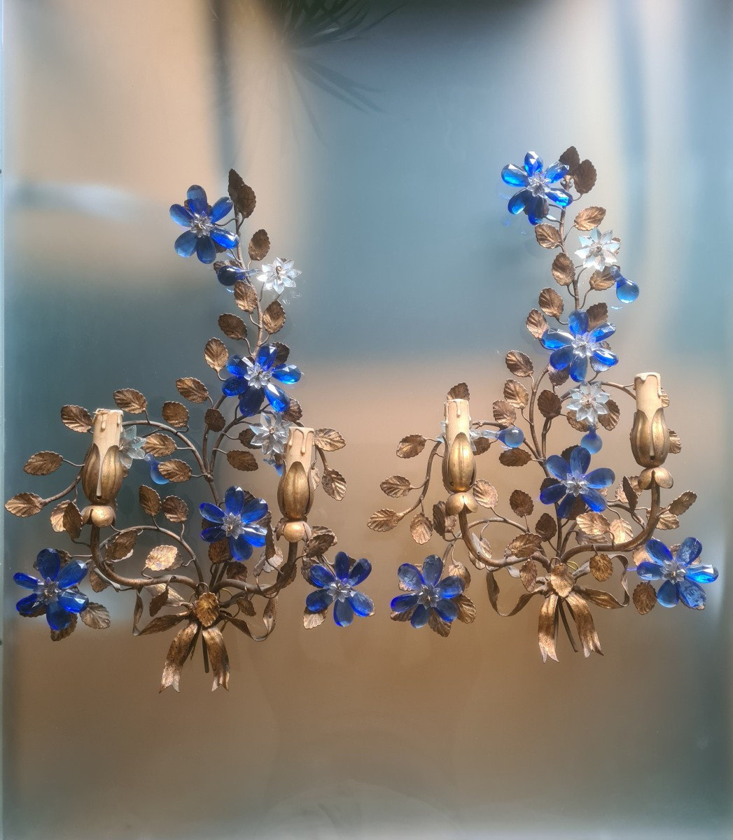 Pair Of Banci Wall Lights, 1970s, Brass With Blue Tassels