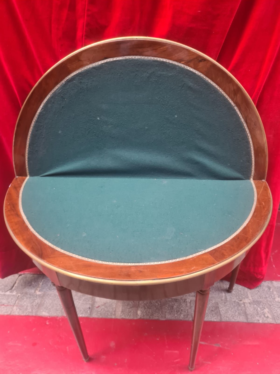  Table de jeux demie-lune vernie en acajou massif de style Louis XVI-photo-2