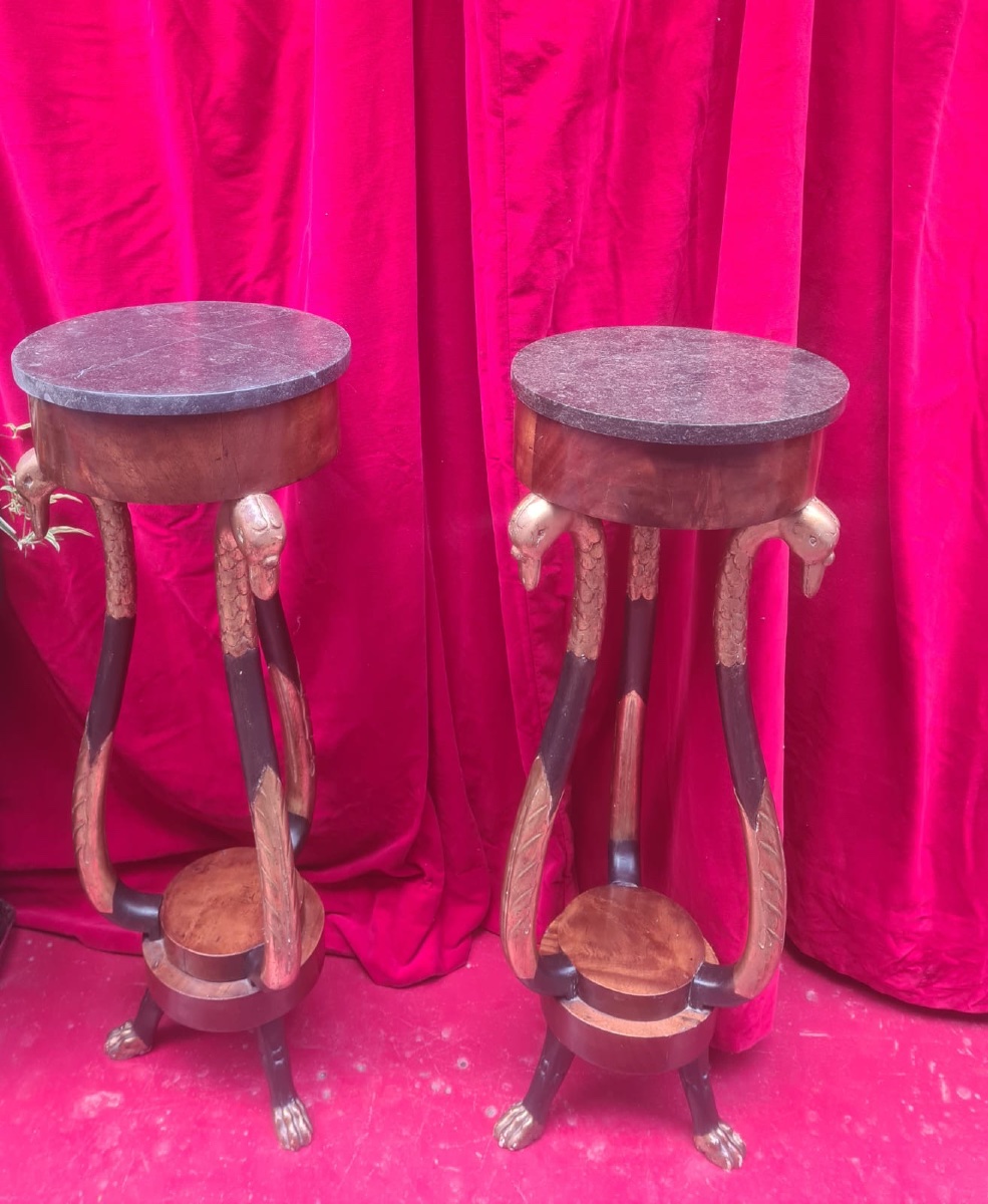 Pair Of Empire-period Tripod Pedestal Tables Used As Planters
