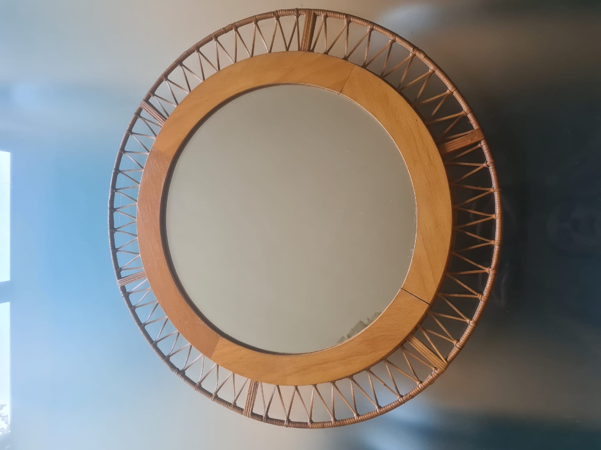 Miroir rond cadre osier tressé vintage 1960 -photo-2
