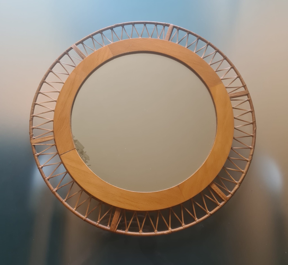 Miroir rond cadre osier tressé vintage 1960 -photo-3