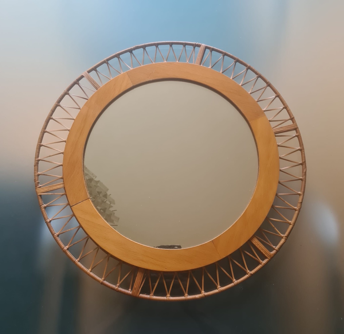 Miroir rond cadre osier tressé vintage 1960 -photo-4