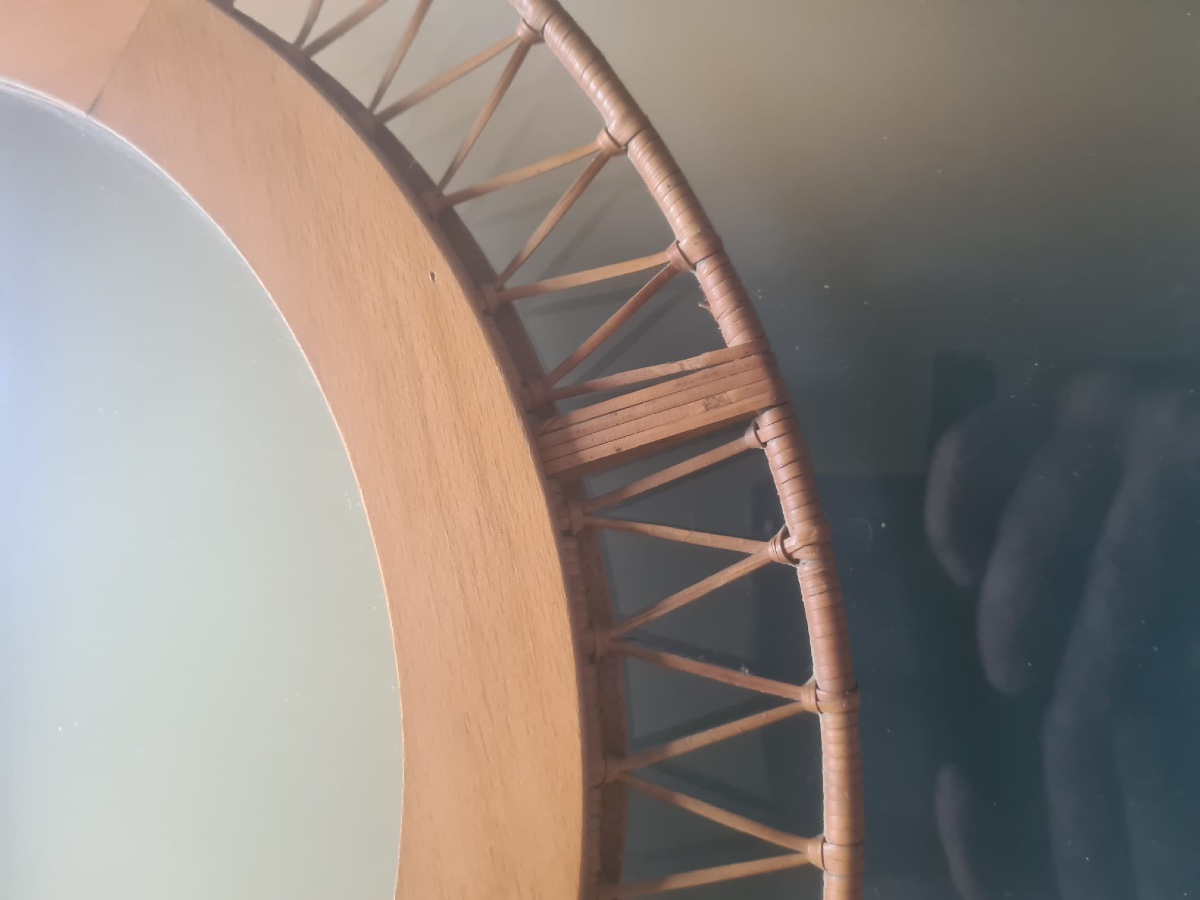 Miroir rond cadre osier tressé vintage 1960 -photo-2