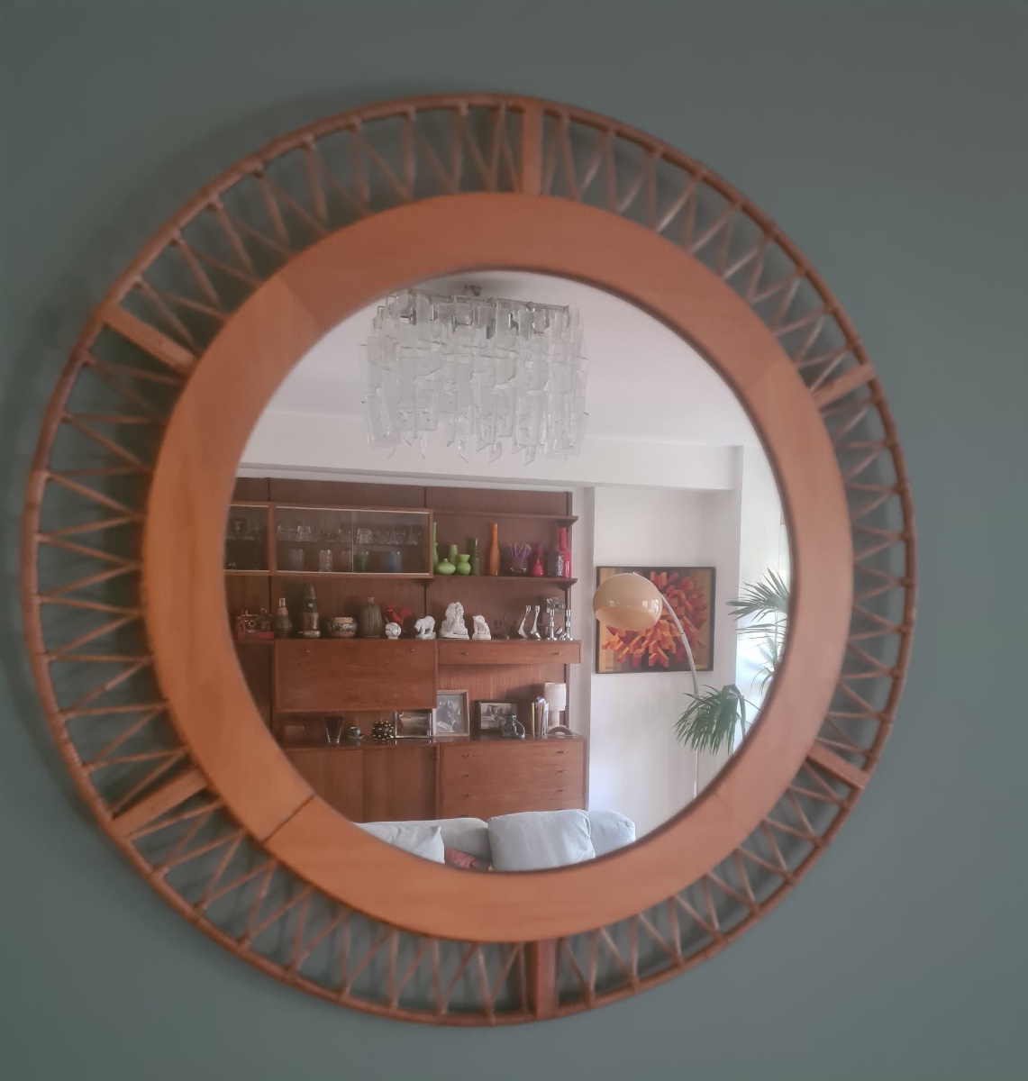 Miroir rond cadre osier tressé vintage 1960 -photo-4
