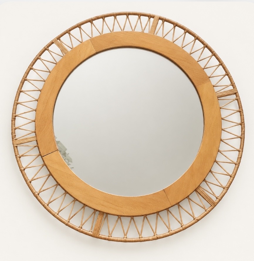 Miroir rond cadre osier tressé vintage 1960 