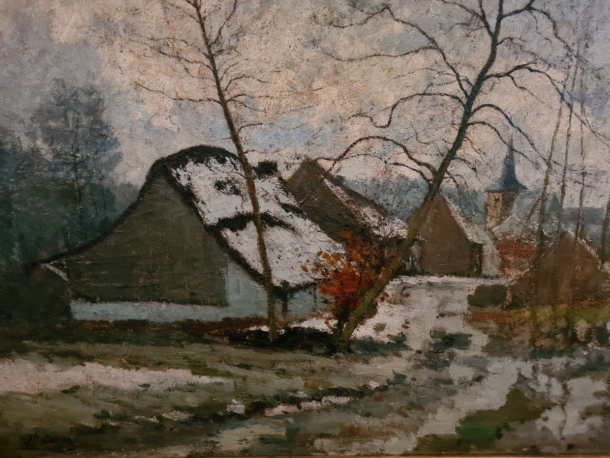 Hst De Joseph Caron Village Sous La Neige Belgique-photo-2