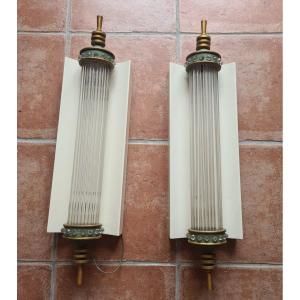 Pair Of 1930 Wall Lights In Brass And Glass
