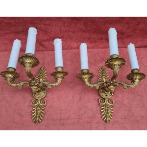 Pair Of Restoration Sconces In Gilt Bronze Late 19th Eme