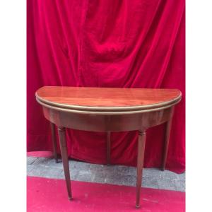 Table de jeux demie-lune vernie en acajou massif de style Louis XVI