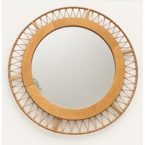 Round Mirror With A Vintage 1960s German Wicker Frame