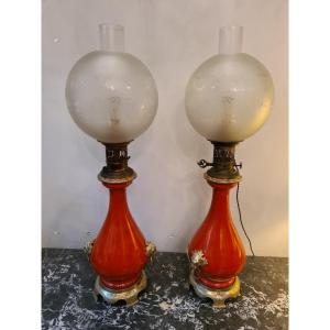 Pair Of Coral Color Oil Lamp
