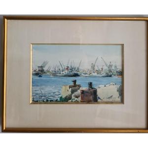 Watercolor Port Du Havre 1963 Signed R.breant