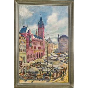 Anton Leidl (1900 - 1976) Market Square In Basel, Switzerland