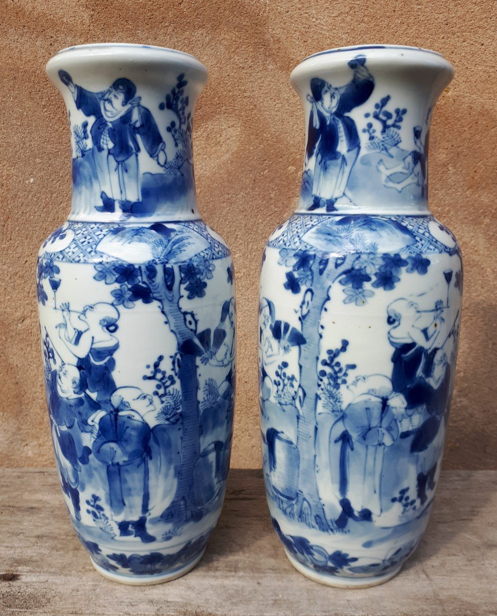 Paire De Vases Chinois Bleu Blanc, Chine Dynastie Qing-photo-3