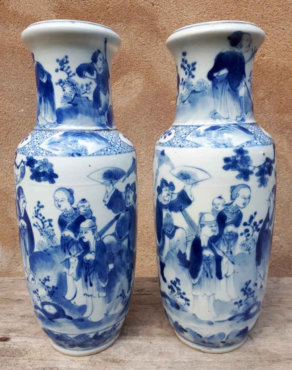 Paire De Vases Chinois Bleu Blanc, Chine Dynastie Qing