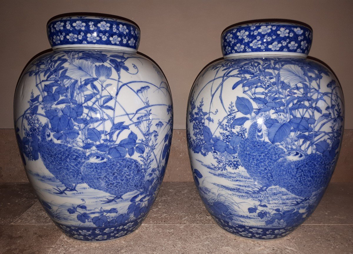 Pair Of Seto Porcelain Covered Vases, Japan Meiji Era