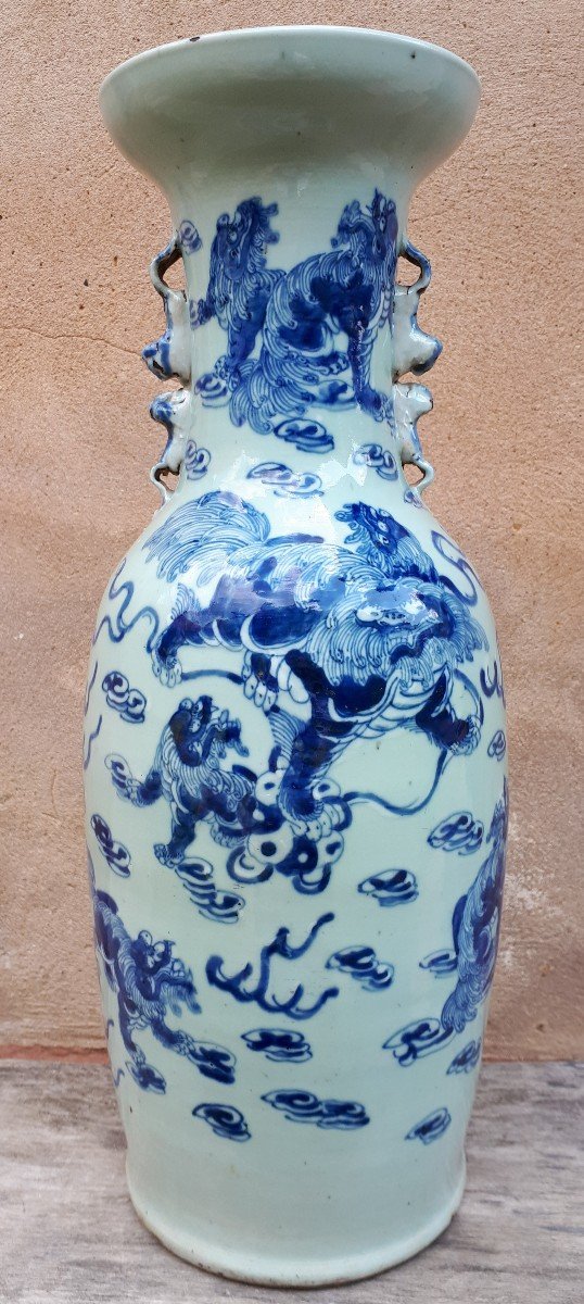 Grand Vase Chinois Céladon à Décor De Shishis, Chine XIXe