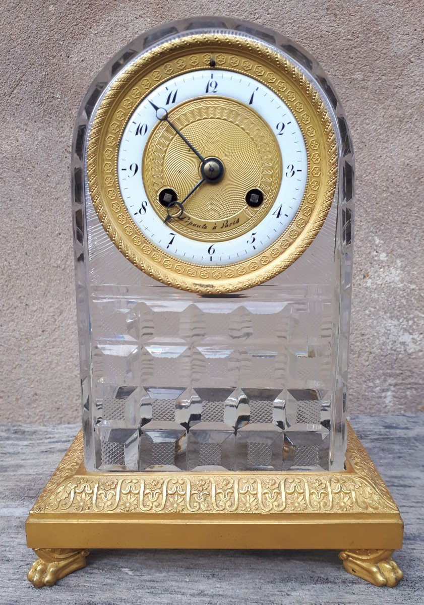 Pendule En Cristal Et Bronze Doré, Signée Lepaute à Paris, l'Escalier De Cristal