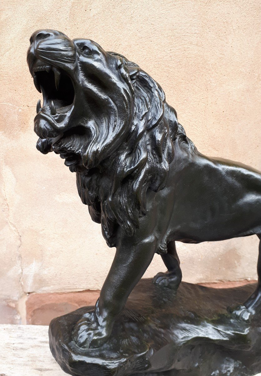 Sculpture En Bronze d'Un Lion Rugissant, Par Léon Bureau-photo-3