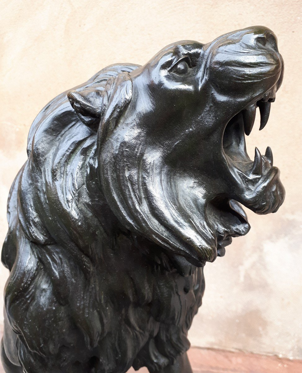 Sculpture En Bronze d'Un Lion Rugissant, Par Léon Bureau-photo-1