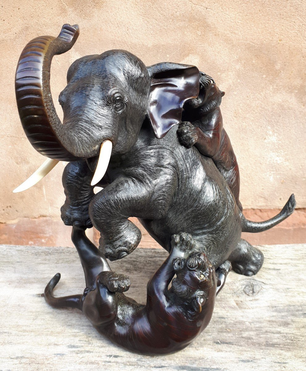 Okimono - Bronze Sculpture Of An Elephant Attacked By Tigers, Japan Meiji Era-photo-4
