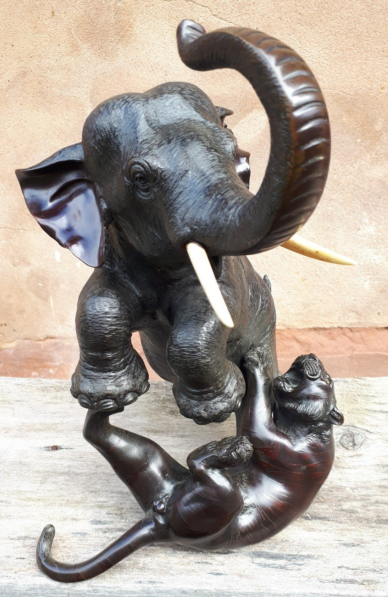 Okimono - Sculpture En Bronze d'Un éléphant Attaqué Par Des Tigres, Japon ère Meiji-photo-1