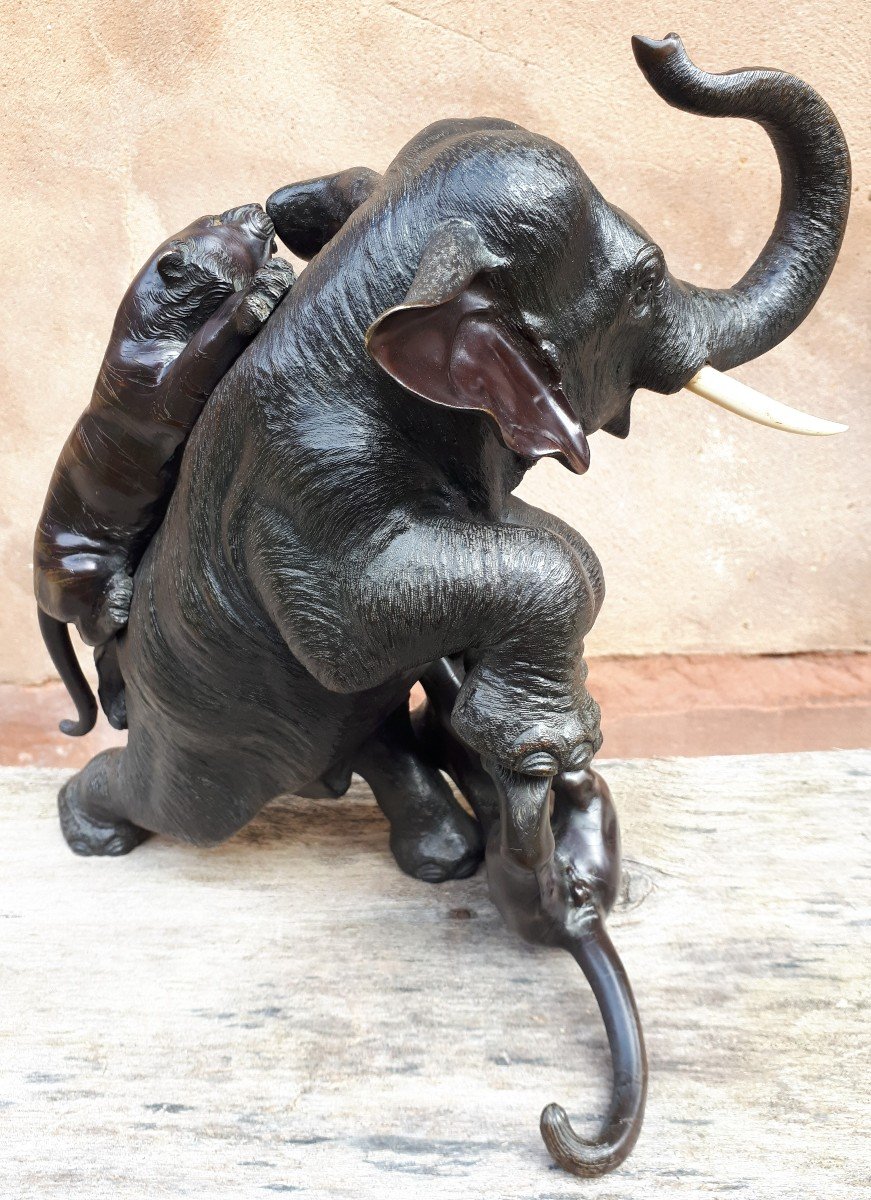 Okimono - Bronze Sculpture Of An Elephant Attacked By Tigers, Japan Meiji Era-photo-2