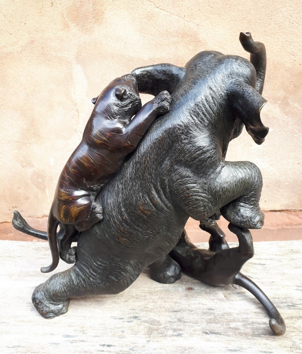 Okimono - Bronze Sculpture Of An Elephant Attacked By Tigers, Japan Meiji Era-photo-3