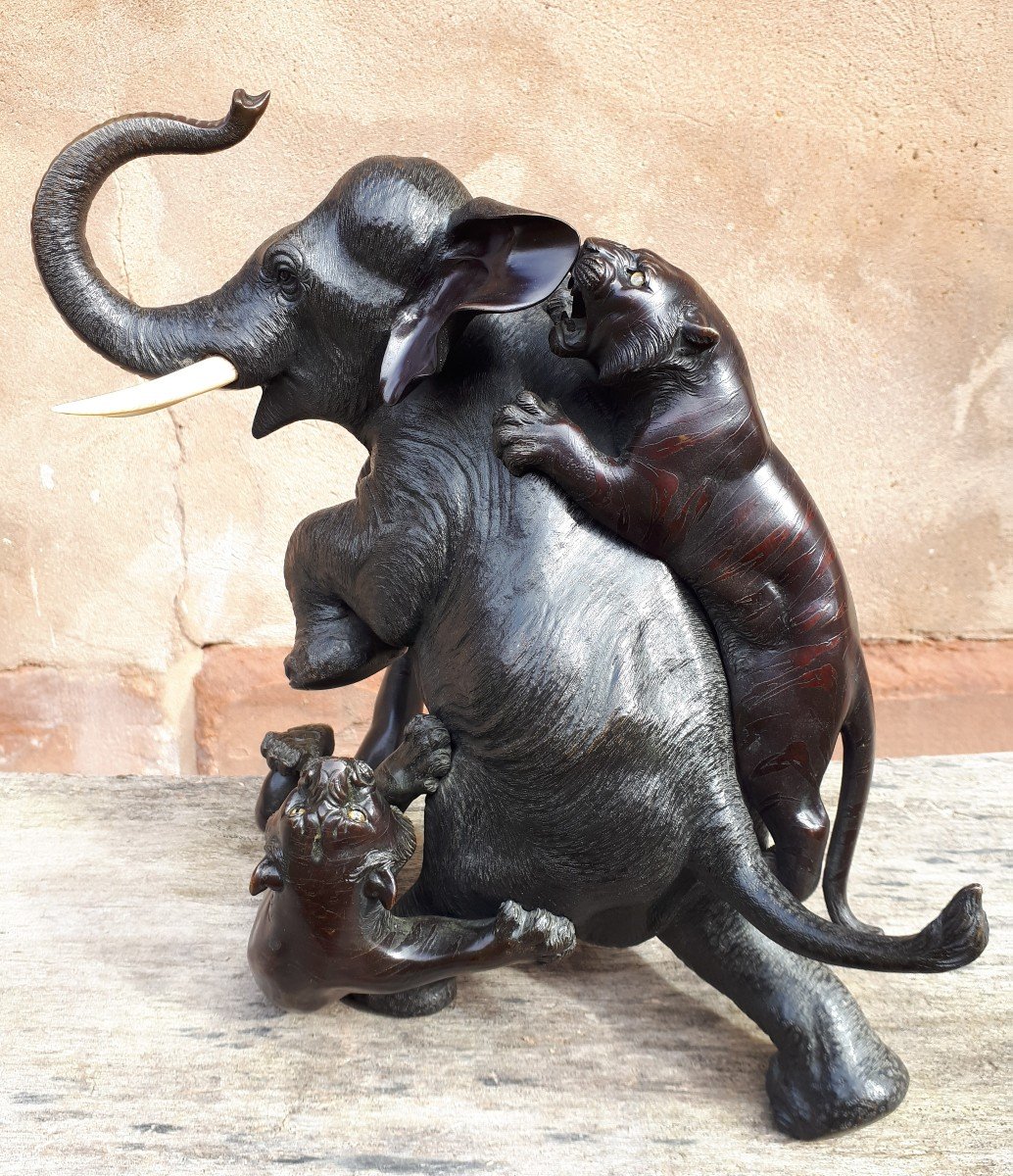 Okimono - Sculpture En Bronze d'Un éléphant Attaqué Par Des Tigres, Japon ère Meiji-photo-5