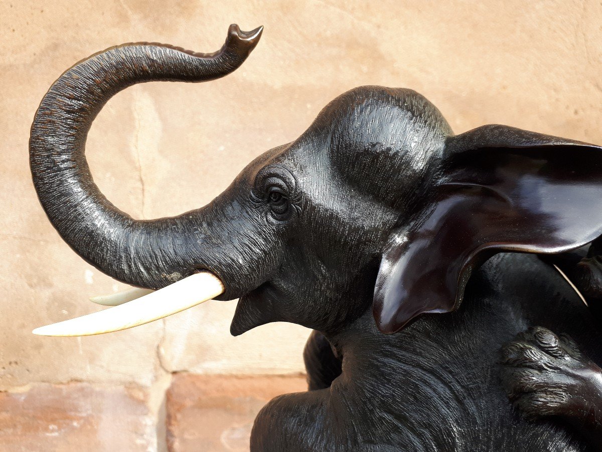 Okimono - Bronze Sculpture Of An Elephant Attacked By Tigers, Japan Meiji Era-photo-6