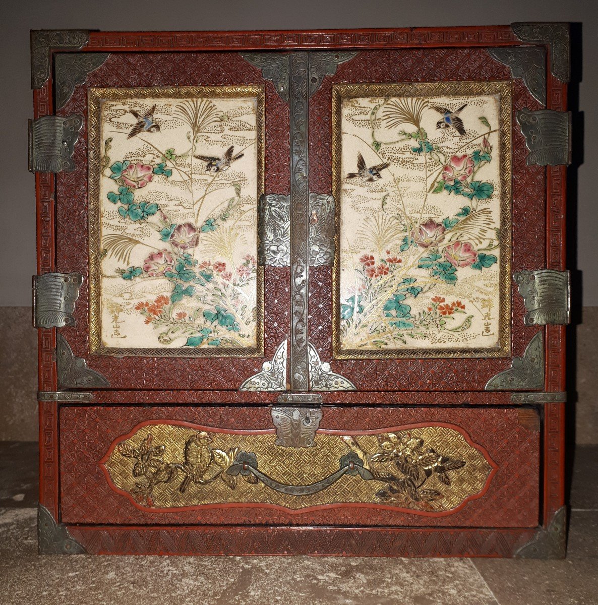 Japanese Cabinet In Cinnabar Red Lacquer, Meiji Era Japan