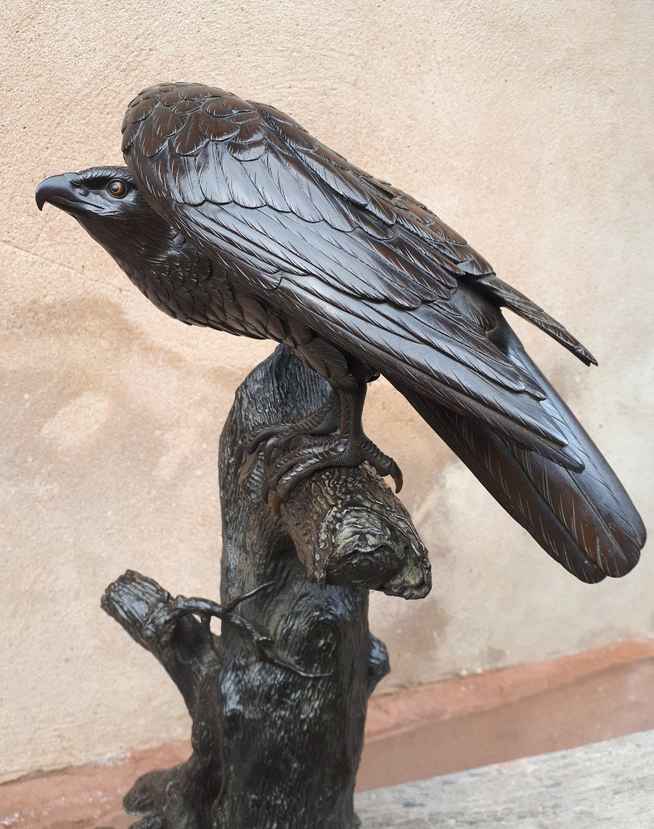 Okimono - Sculpture En Bronze d'Un Aigle, Japon ère Meiji, probablement de Mitani-photo-3
