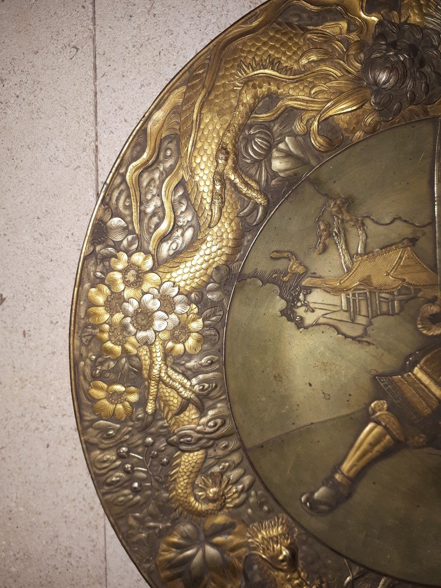 Plat Japonais En Métal Mixte à Décor De Samouraï, Japon ère Meiji-photo-5