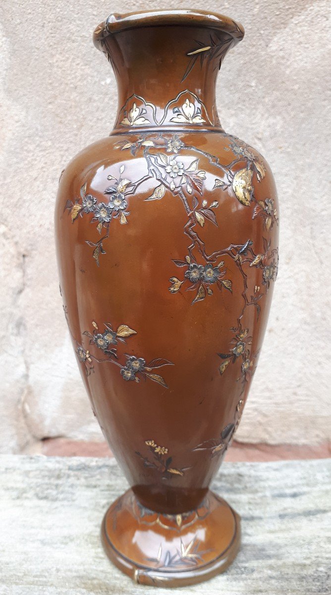 Japanese Bronze Vase Inlaid With Mixed Metals Signed Inoue, Japan Meiji Era-photo-2